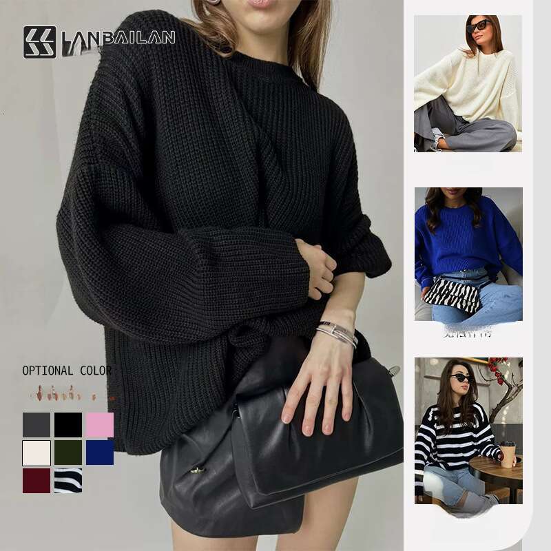 Solid color round neck 2025 European American Spring and Autumn loose knit pullover sweater feminine versatile new trend clothing ins