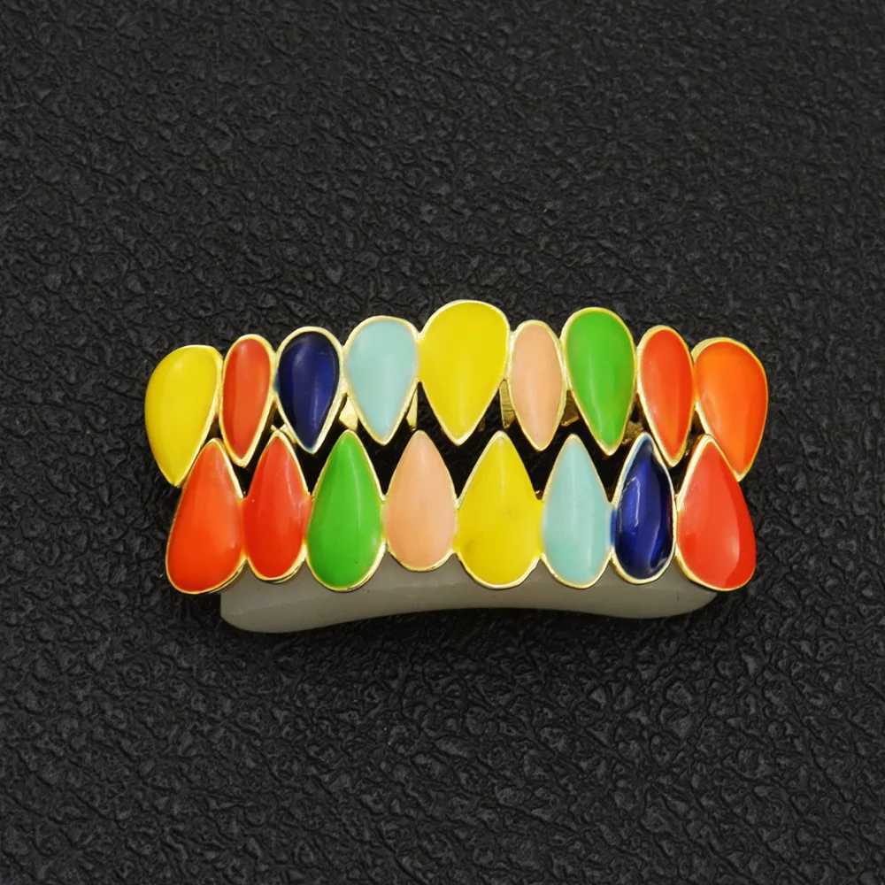 Hip Hop Multi Color Drip Oil CZ Pointy Shape Teeth Grillz Caps Top Bottom Charm Grills For Men Women Jewelry GiftXJ250114