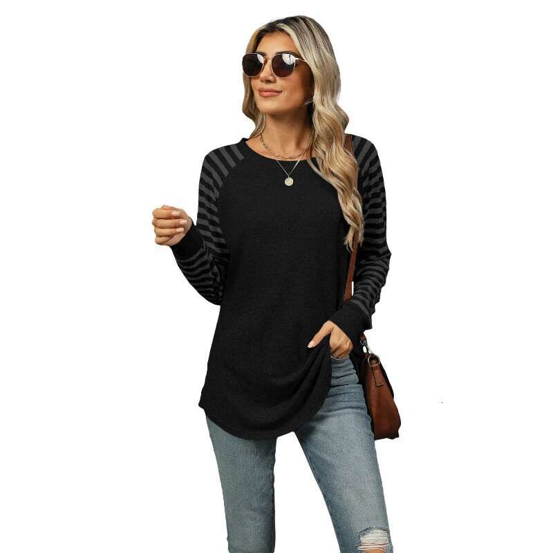 New Color Blocking Striped Designer T-shirt Round Neck Long Sleeved Women's T-shirt Top