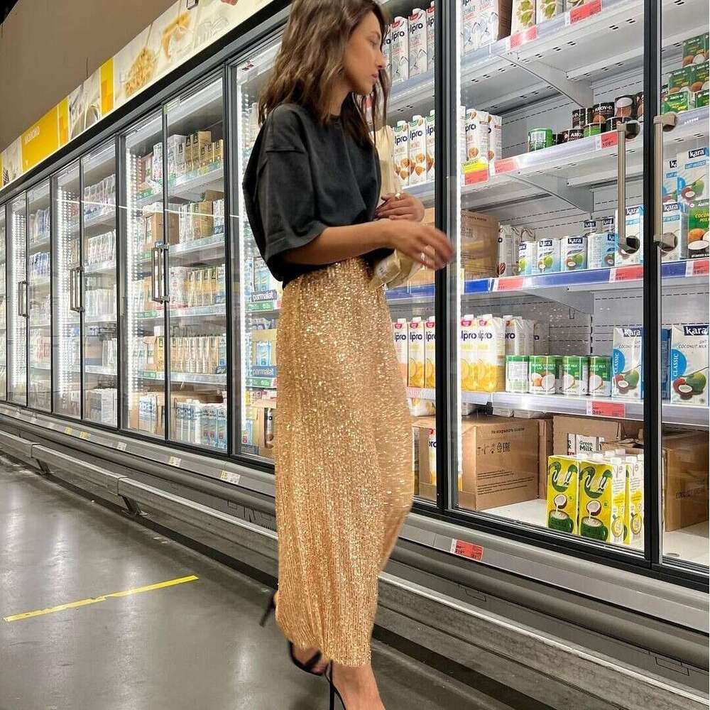women's hot selg solid color sequin back slit fashionable casual skirt 2025 new style chic and elegant clothing