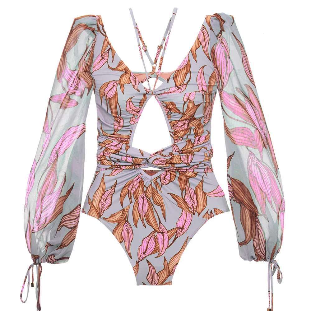 One Piece Swimsuit 2024 Long Sleeve Swimwear Women Bandage Print Monokini Sexy Black Bathing Suit String Backless Beachwear