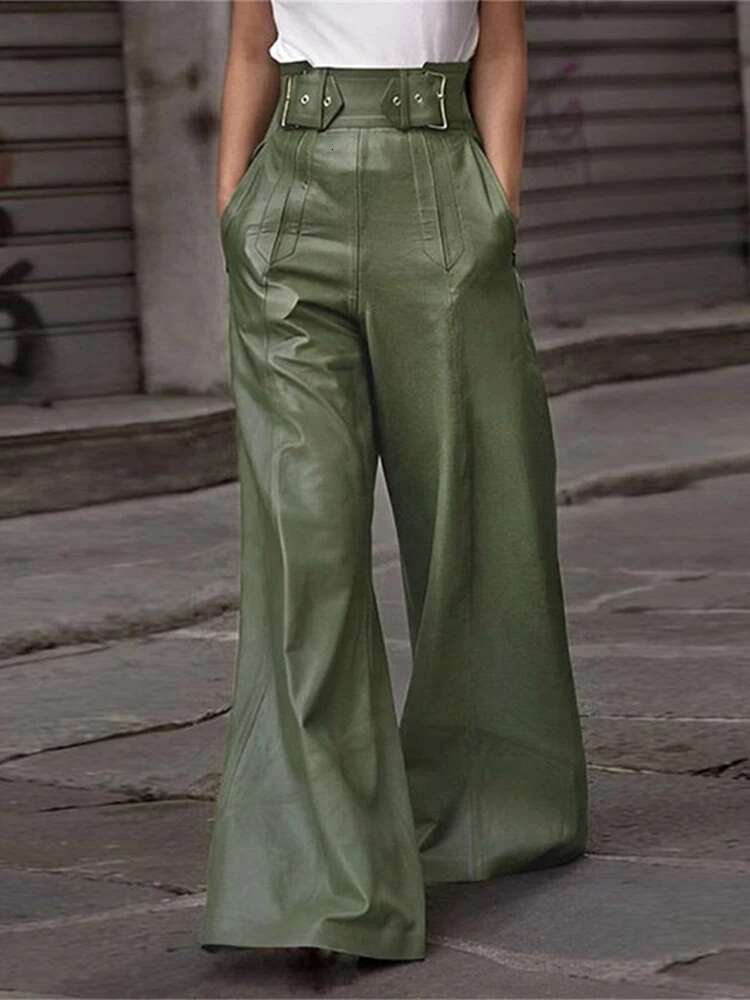 Street Leather Women Trousers High Waist With Belt Flared Or-Length PU Female Long Pants 2024 Autumn Fashion Y2k Lady Pant
