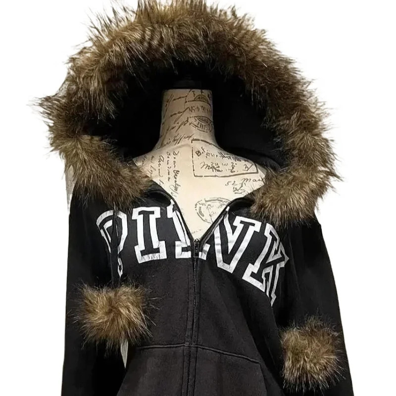 Y2K retro letter printed plush thickened warm women top hooded slim gothic sports jacket for men and women coat women 250116