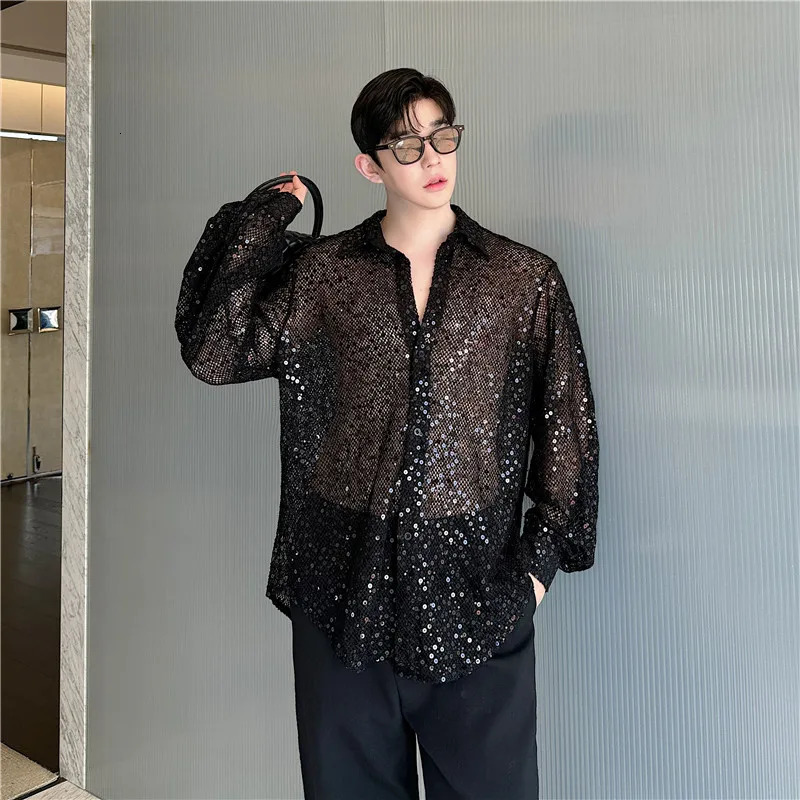 Autumn Korean style personalized hollow sequin mens loose fitting mens clothing shirt size M-XL 250110