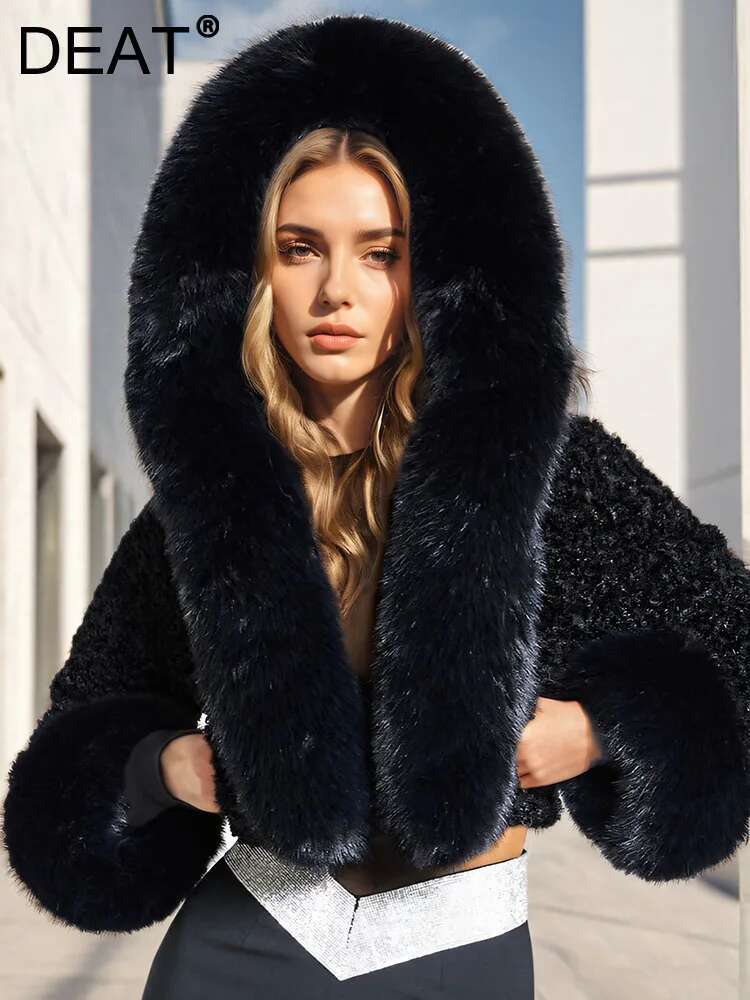 DEAT Fashion Black Faux Fur Coat Women's Hooded Loose Long Sleeve White Thick Warm Short Plush Jacket Winter 2024 New 7Ab6510
