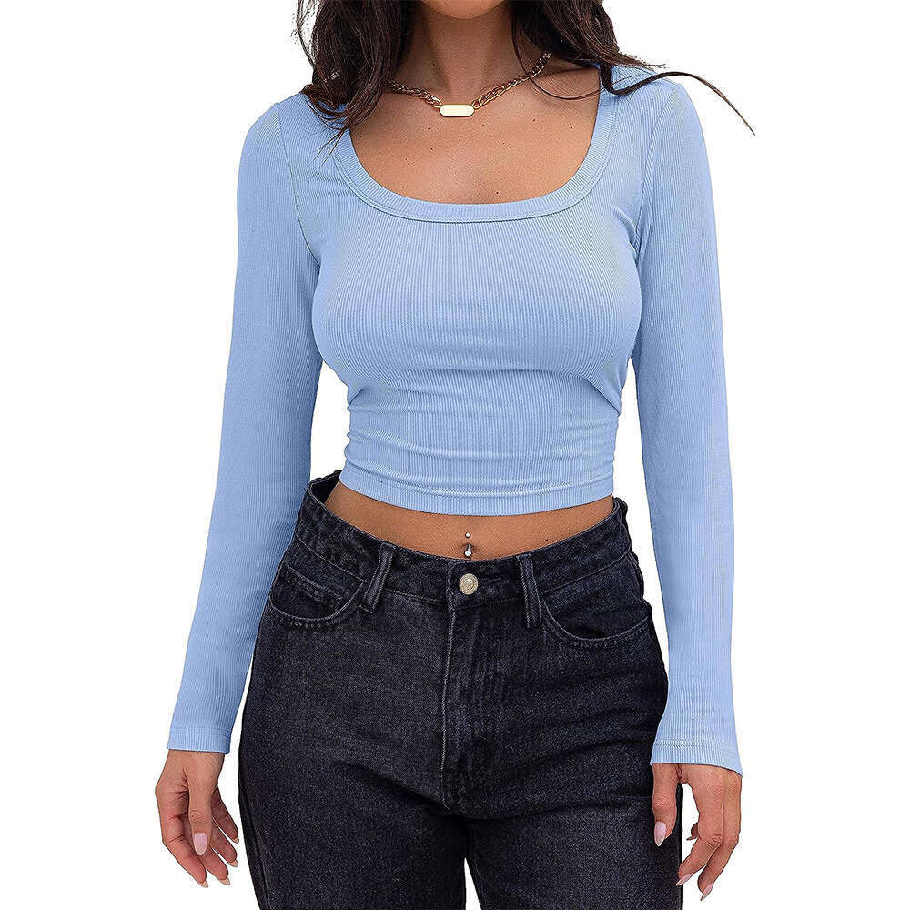2025 popular European and American thread groove strip slim fit short style long sleeved square neck T-shirt with feminine temperament versatile new t