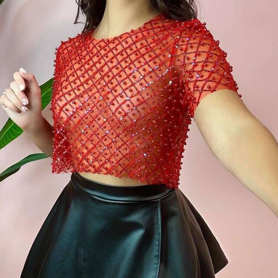 European and American hot selg women's sexy mesh nail bead sequin short sleeved top T-shirt 2025 new casual fashion trend clothing