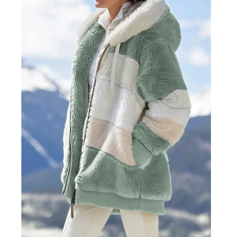 Winter Fashion Womens Coat 2024 Hooded Zipper Ladies Jacket Spliced Thick Cashmere Women Stitching Plaid Coats 250113Z