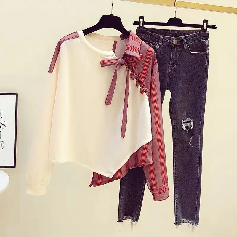 Women's Clothing Striped Splicing Sweatshirt Two-Piece Shirt Irregular Long Sleeve Casual