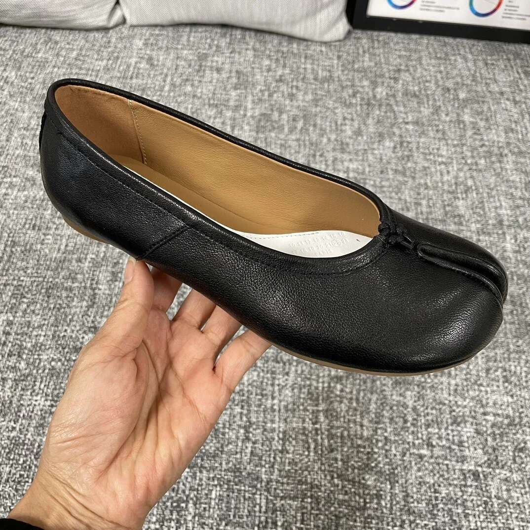 Casual Simple Suede Brown Outdoor Travel Non Lightweight Flat High Heel Slip Striped Bead Tabi Genuine Leather Shoes Women's Casual Footwear
