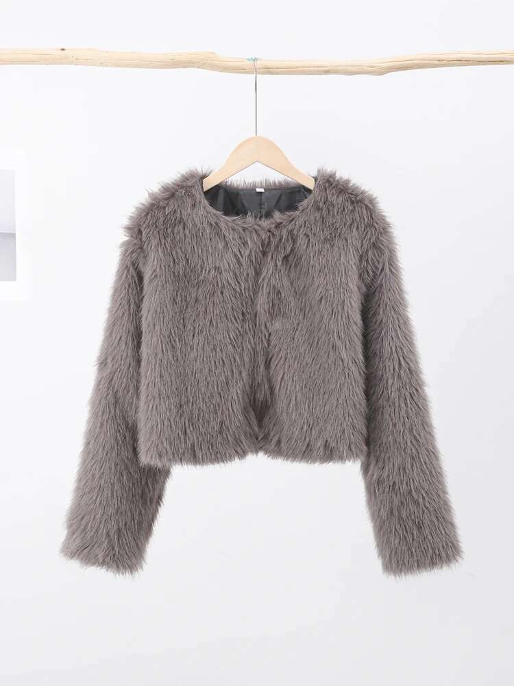 Fluffy Fur For Women Winter Elegant Long Sleeve Faux Furry Jacket Female Round Neck Chic Lady Street Warm Short Coat