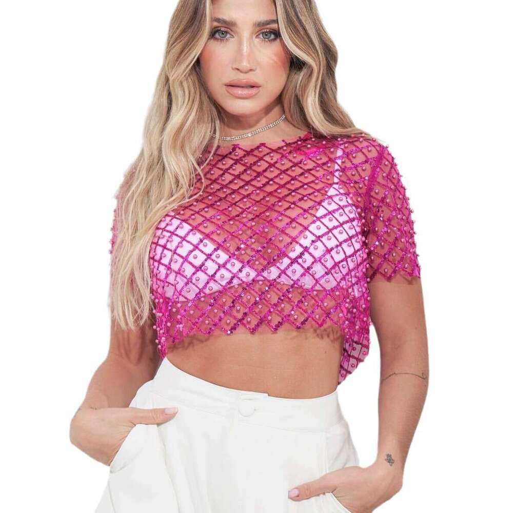European and American hot selg women's sexy mesh nail bead sequin short sleeved top T-shirt 2025 new casual fashion trend clothing