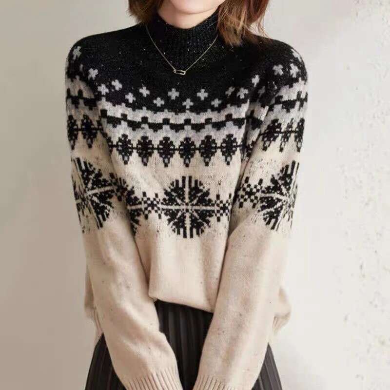 2024 Autumn Winter Women Snowflake Printed Warm Female Thick Half Turtleneck Sweater Knit All-Match Jumpers Tops F36