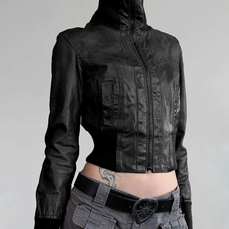 CIBBAR Punk Style Black Leather Jacket Full Zip-Up Turtleneck Long Sleeve Cropped Jackets Women Streetwear Patchwork PU Coat Y2k