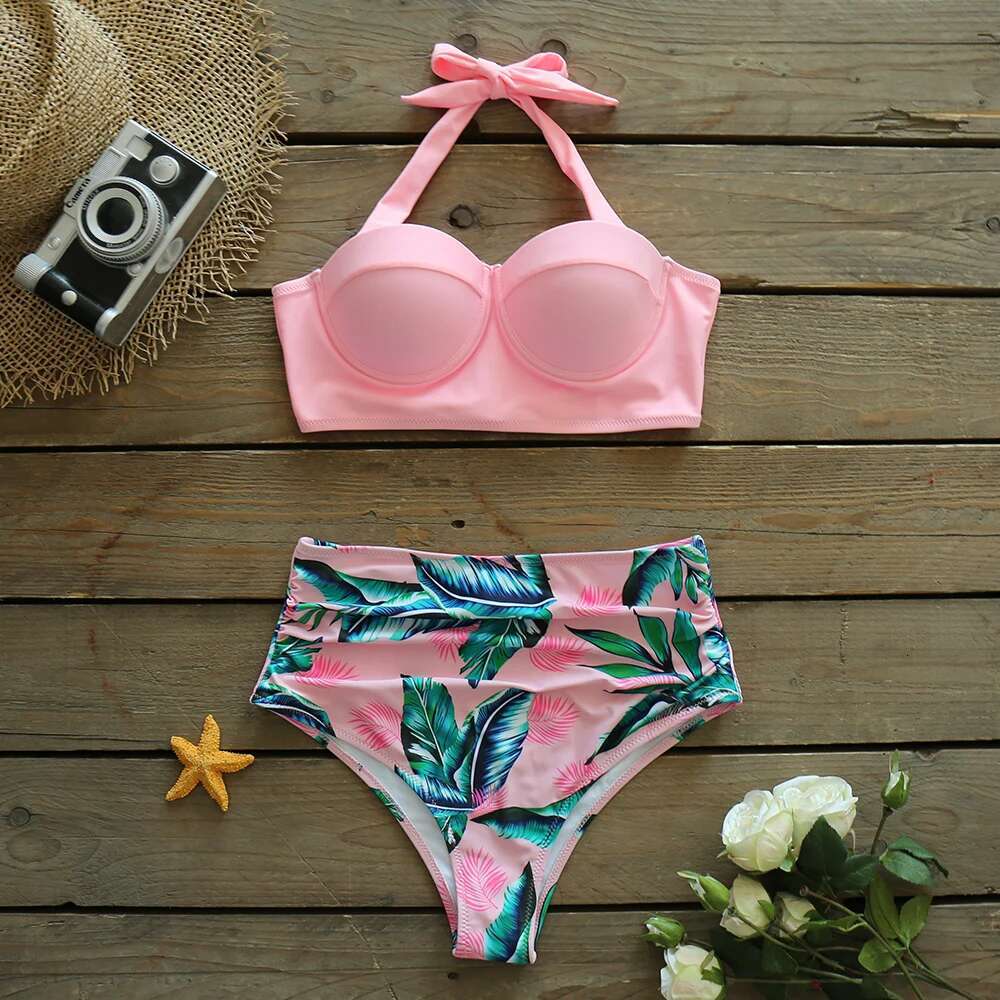 2024 New Push Up Sexy Bikini Set High Waist Swimwear Women Swimsuit Female Halter Bathing Suit Bather Leaf Print 2 Pieces Beach