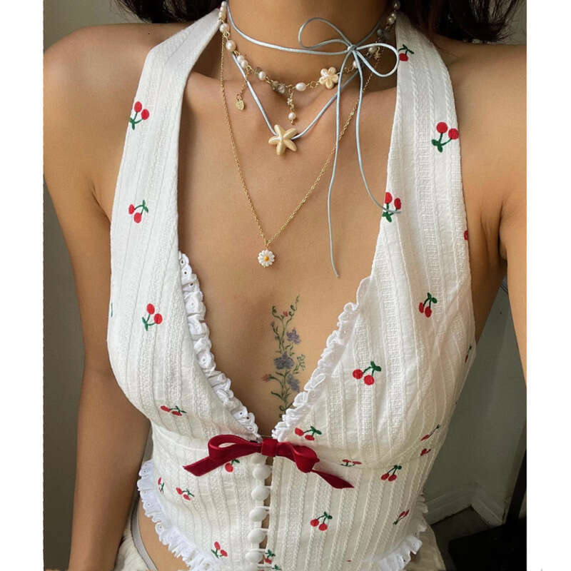 European and American style women's summer fashionable temperament sexy V-neck hanging neck cherry print fungus edge vest 2025 new casual fashion