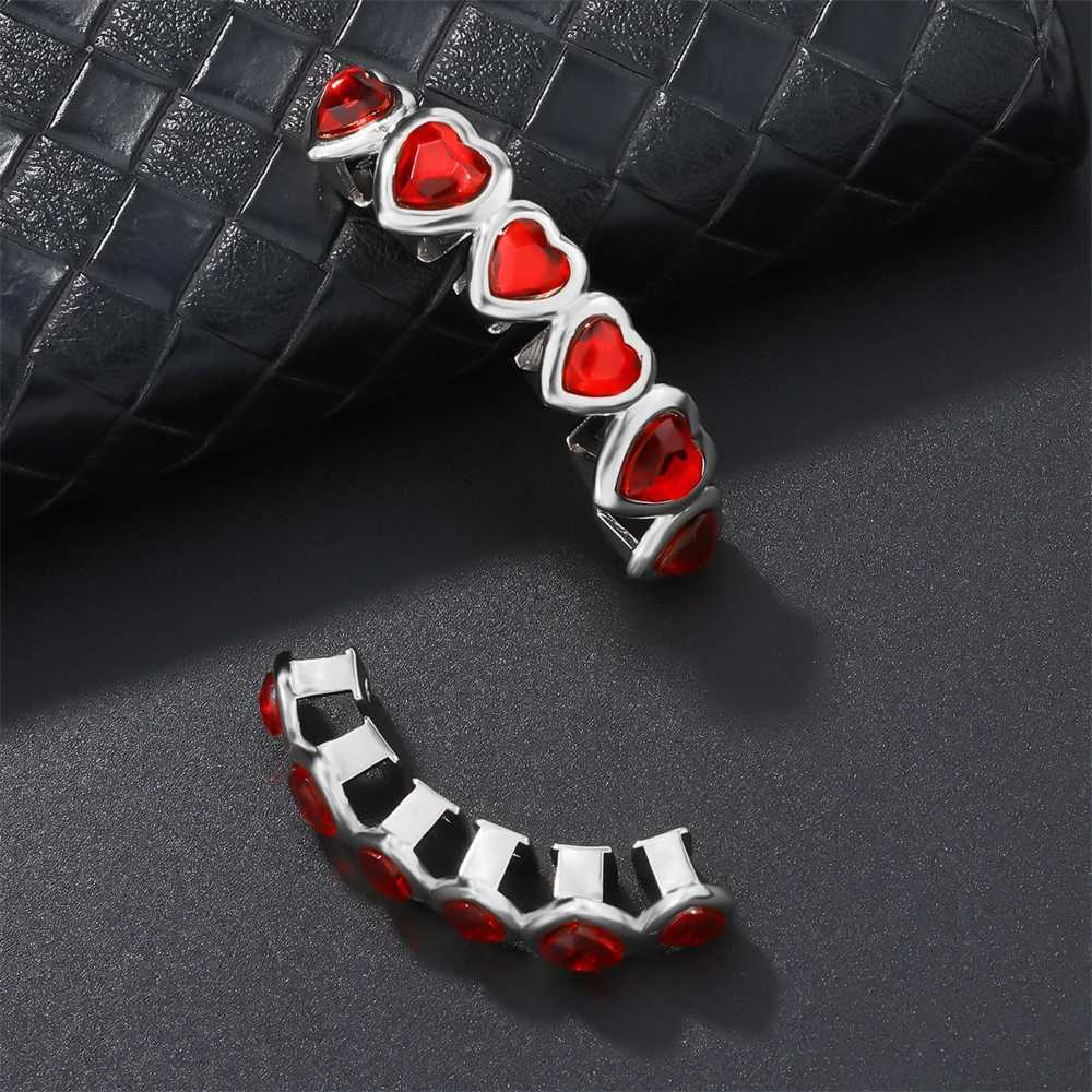 Love Red CZ Stones Teeth Grillz Caps Cubic Zircon Iced Out Micro Pave Top Bottom Charm Grillz For Men Women JewelryXJ250114