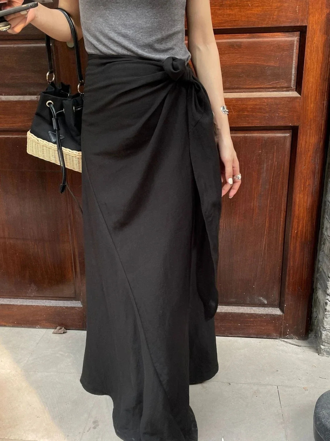Korean Bowknot Laceup Aline Skirt for Women Summer Black White Plaid Female Elegant Womens Long High Waist 250108