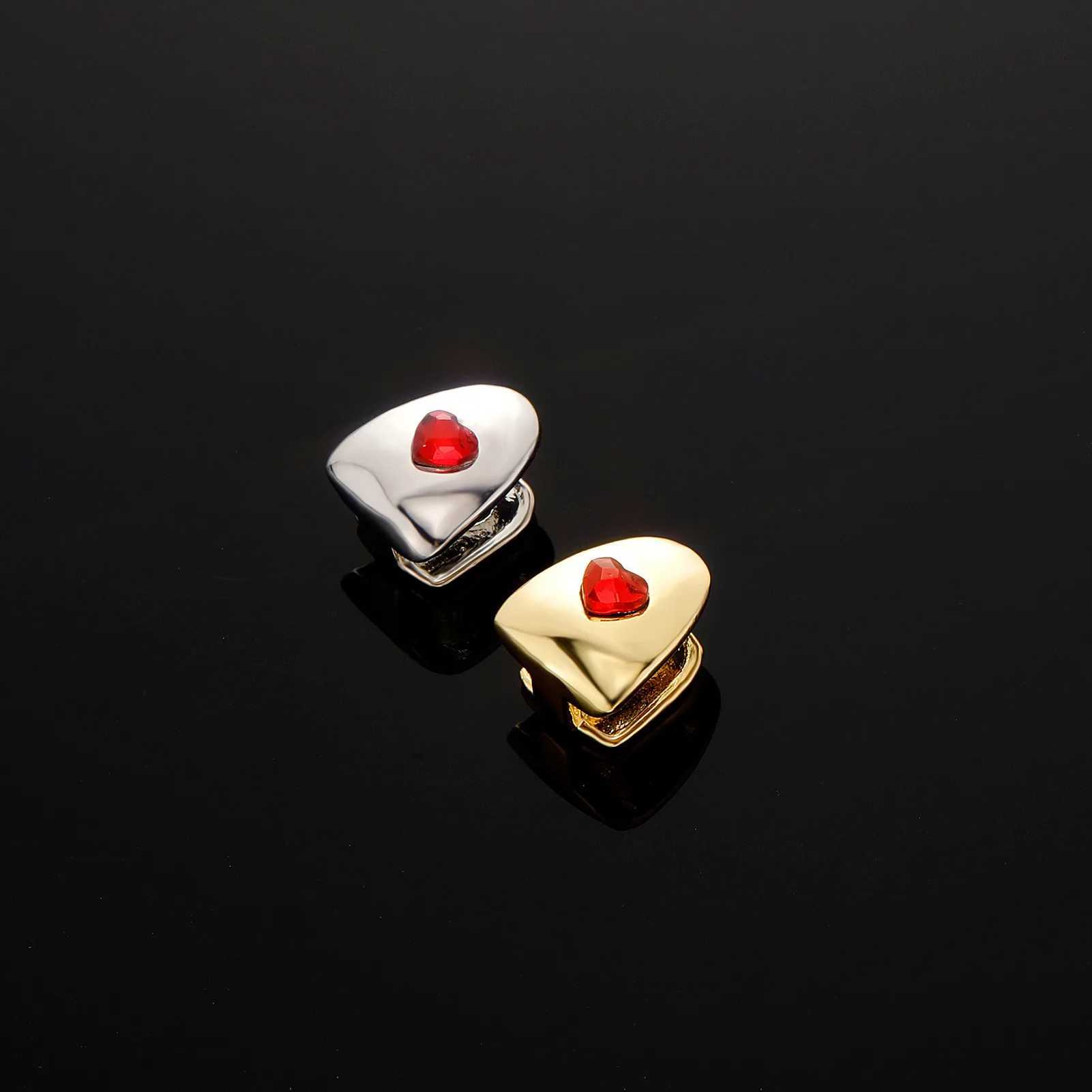 1pc Hip Hop Red Heart Teeth Grillz Gold Plated Dental Grills Rock Tooth Grillz Caps Crystal Teeth Caps Halloween Vampire ToothXJ250114