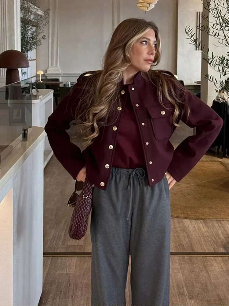 Bury Casual Multi Pockets Cropped Jacket Women Fashion Single Breasted Long Sleeve Short Coats 2024 New Lady Chic Outerwears