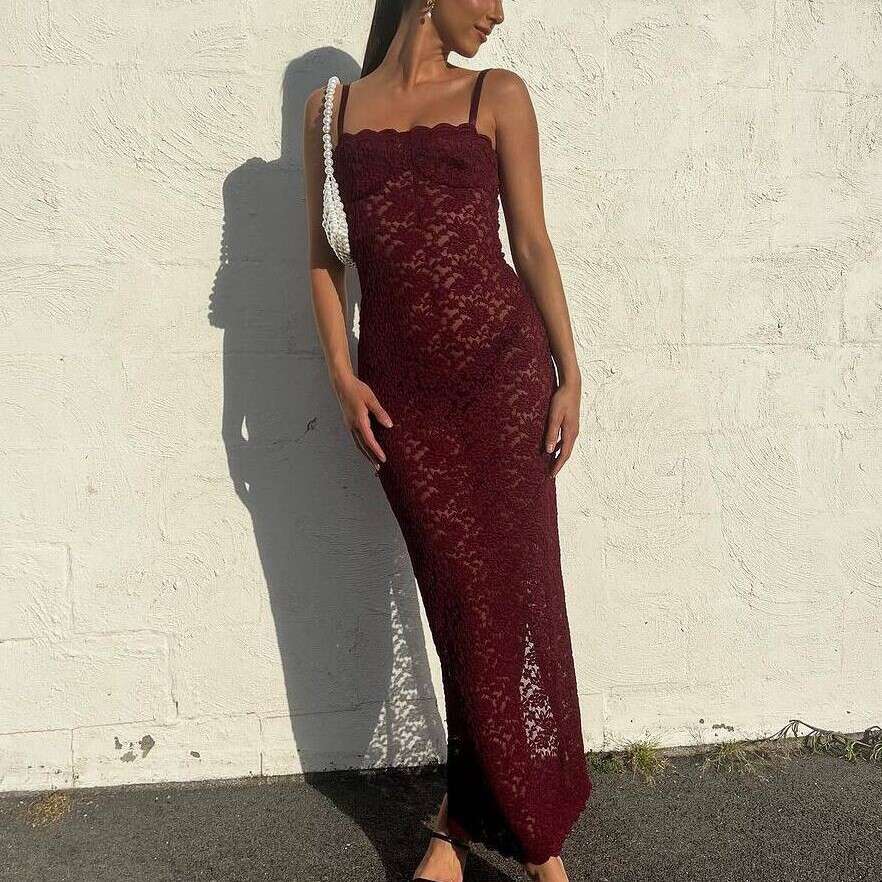 European and American Summer Women's One Piece Collar Sexy Perspective Lace Slimming Dress 2025 New Casual Versatile Fashion Clothing
