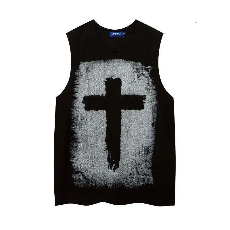 Floral vest trend high street American retro loose casual mens summer round neck sleveless shortsleeved Gothic cross print vest 250108