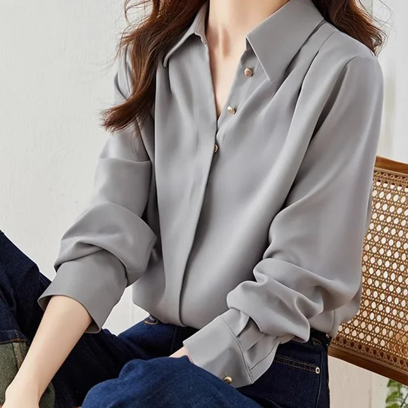 Autumn Original Fashion Casual Loose Gray Long Sleeved Shirt Loose Retro Comfortable Solid Color Womens Top 250107