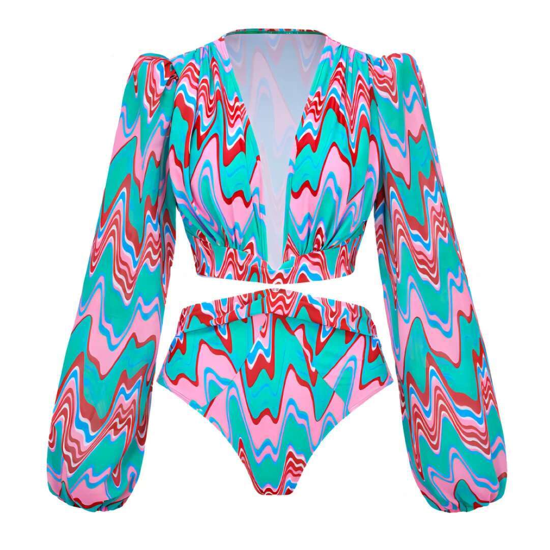 One Piece Swimsuit 2024 Long Sleeve Swimwear Women Bandage Print Monokini Sexy Black Bathing Suit String Backless Beachwear