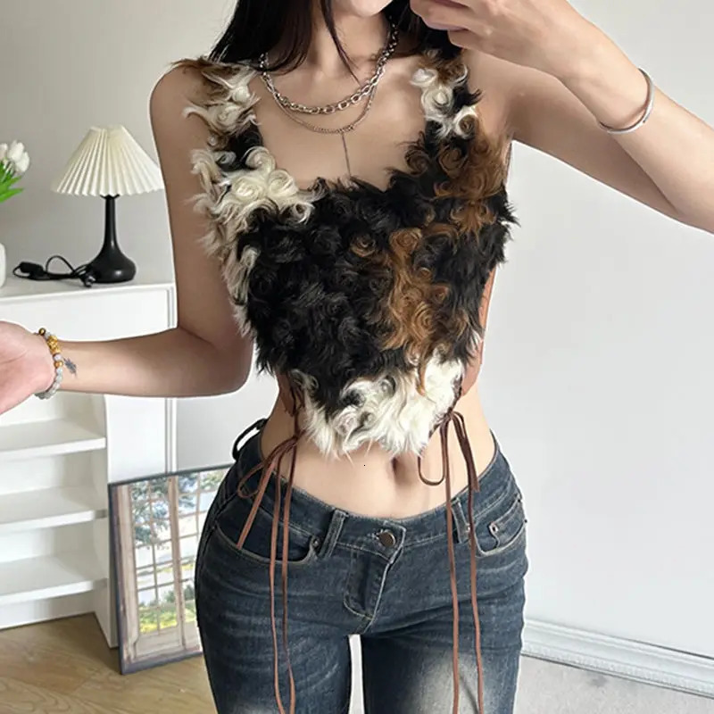 Summer Sexy Tie-dye Plush Stitching Leopard Print Vest Suspender Womens Trendy Street Y2K Wear Characteristic Short Top 250113