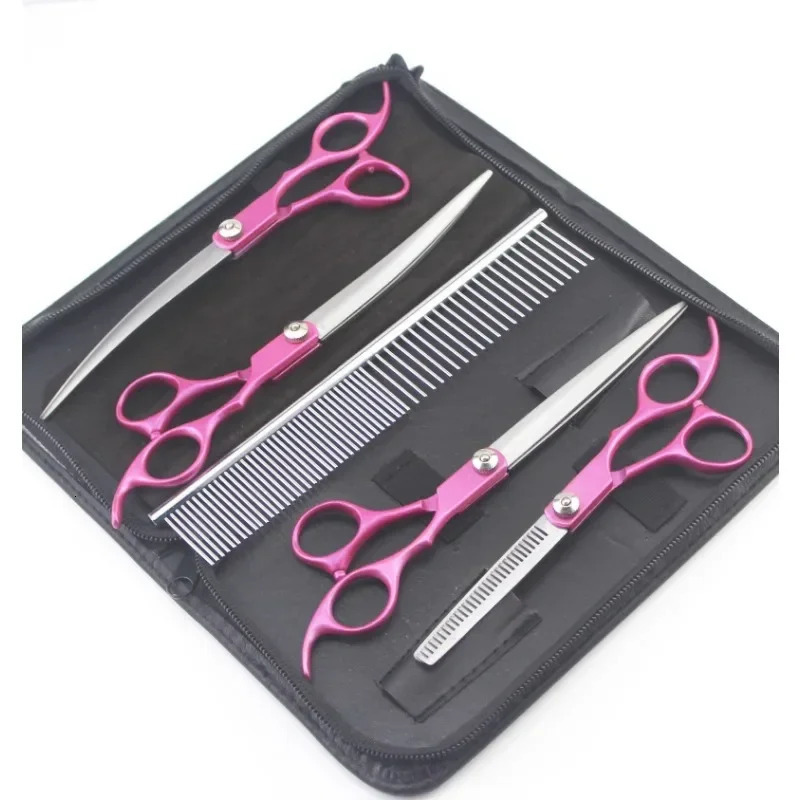 4PCS 7inch Gold Handle Scissors Professional Dog Grooming Hairdressing Shear Set Curved kit pet groomer tools 250108