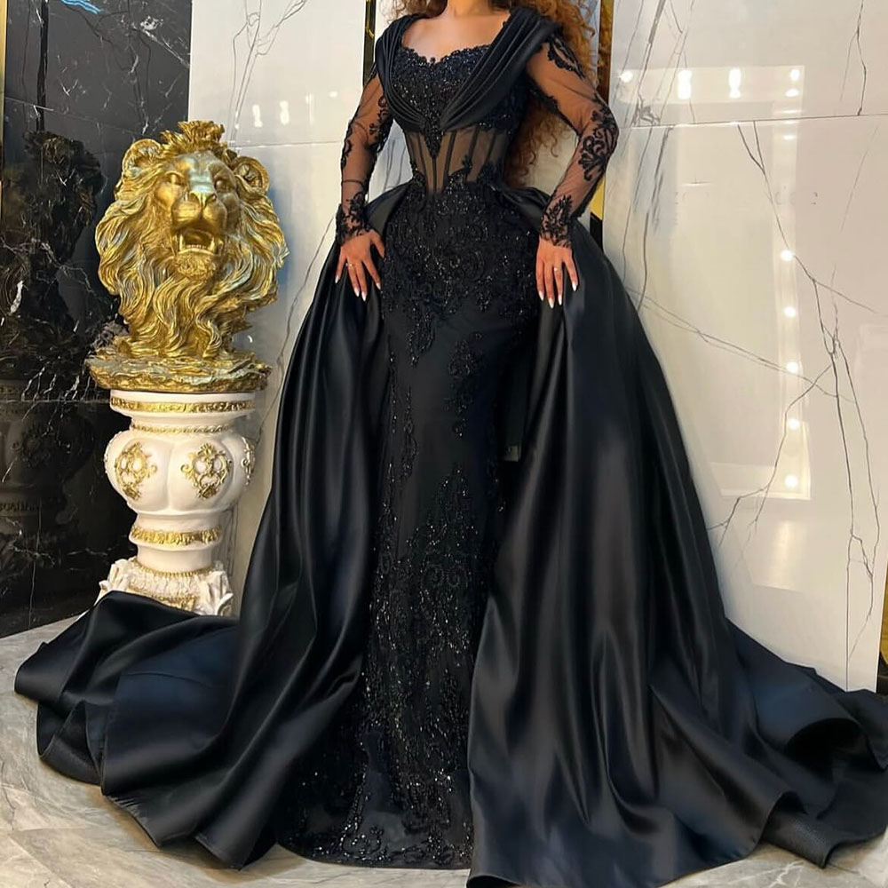 Black Mermaid Evening Dresses With Detachable Train Prom Gowns Lace Sequin Special Occasion Party Dress Long Sleeves