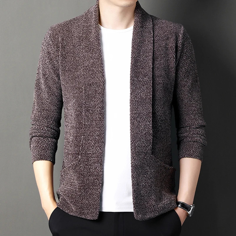 Mens Knitted Cardigan Chenille Lapel Buttonless Solid Color Simple Business Casual Mens Cardigan 250113