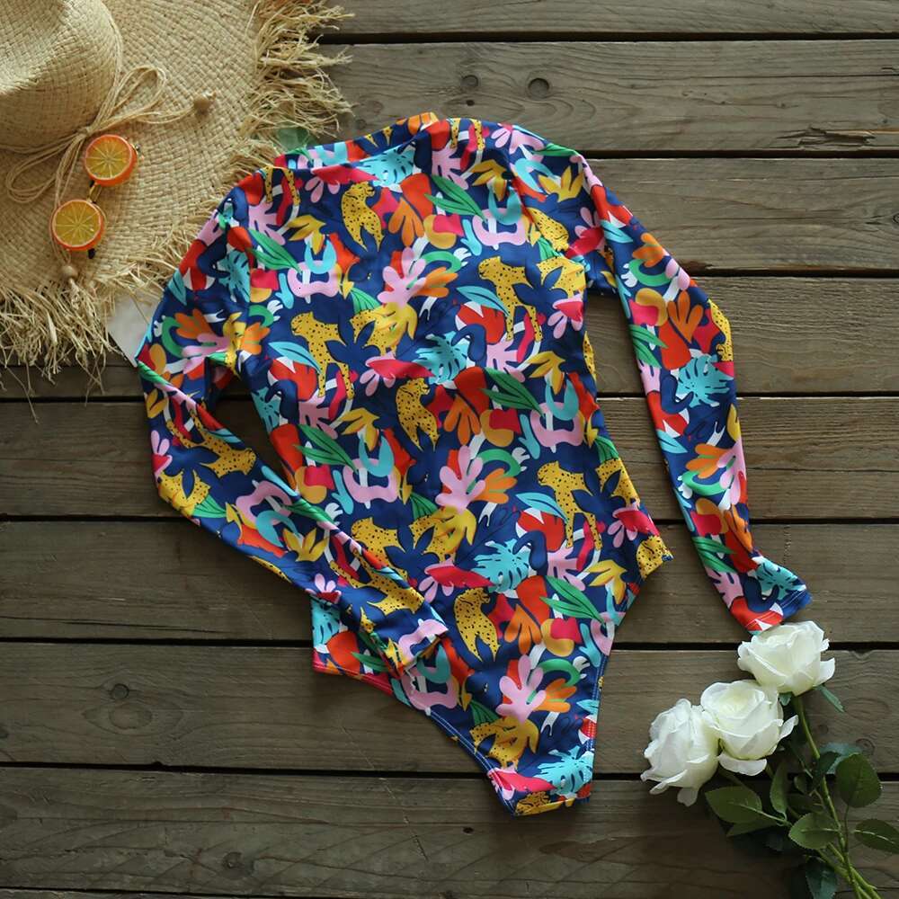 2025 Long Sleeves Swim Sexy Print One Piece Swimsuit Push Up Swimwear Monokini Bathing Suit Women Summer Beach Wear
