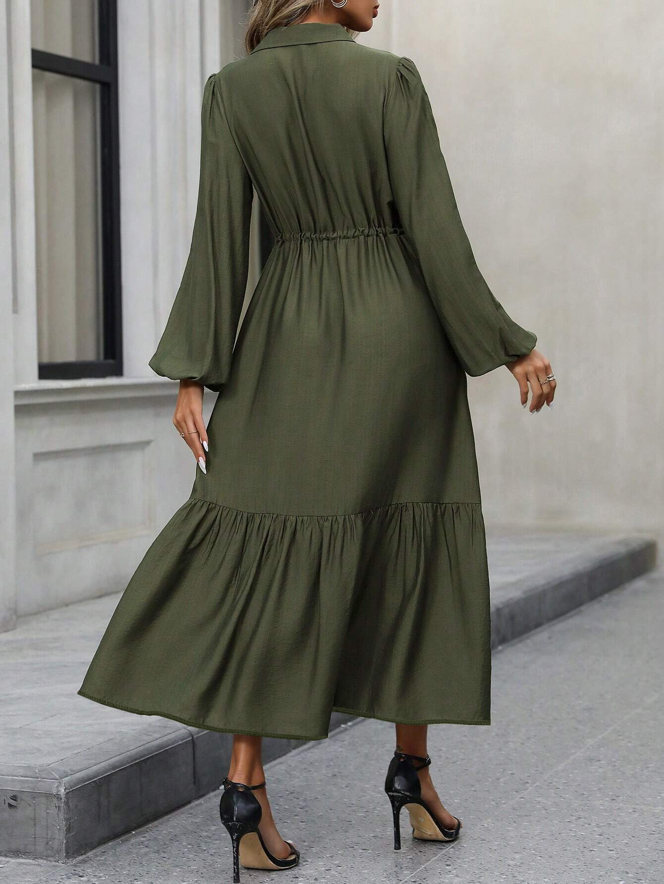 GY6185 Spring Beautiful Ladies Elegant Button Long Sleeve Waist Drawstring Dress