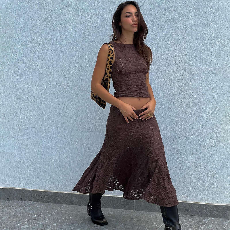 European and American 2025 Summer Product Fashionable Atmosphere Sexy Two piece Set Round Neck Short Tank Top Half Skirt New Casual Versatile Fashion 