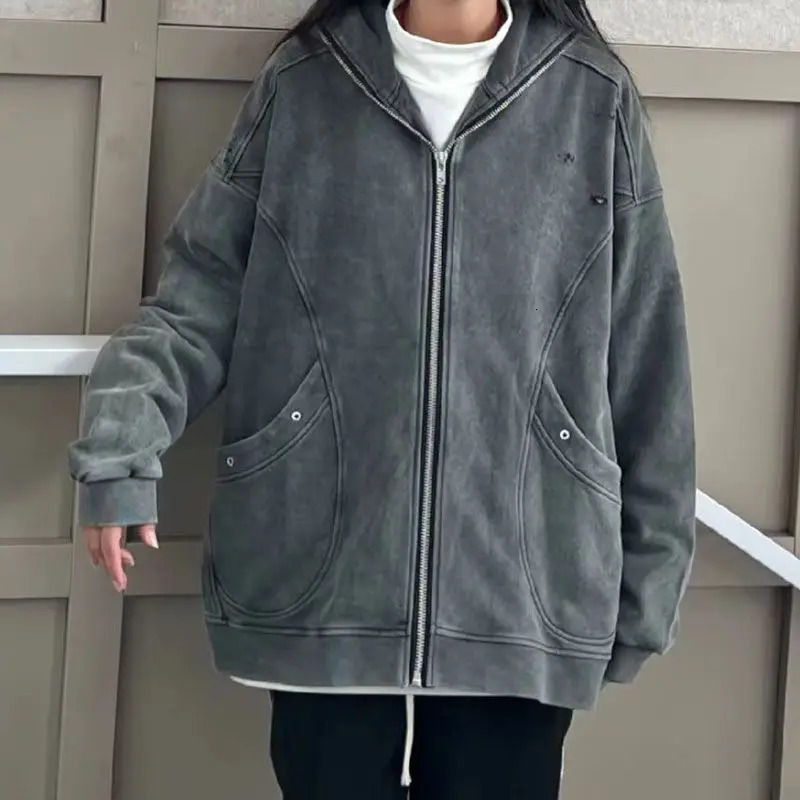 High Street Y2k Jackets Hooded Pockets Zipper Solid Color Long Sleeve Coats Harajuku Vintage Autumn Casual Loose Women Clothing 250113