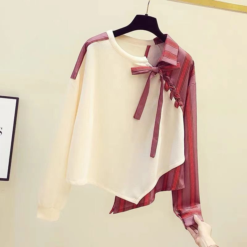 Women's Clothing Striped Splicing Sweatshirt Two-Piece Shirt Irregular Long Sleeve Casual