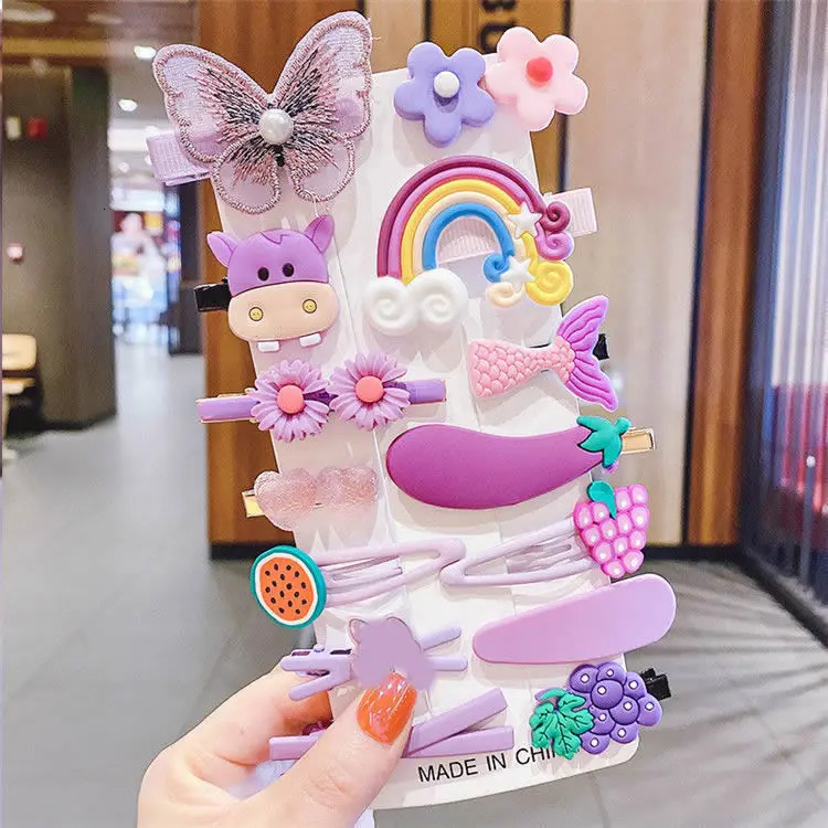 14Pcs Cartoon Baby Hair Clip Set Flower Fruit Girl Barrettes Bangs Hairpins Kids Accessories 250117