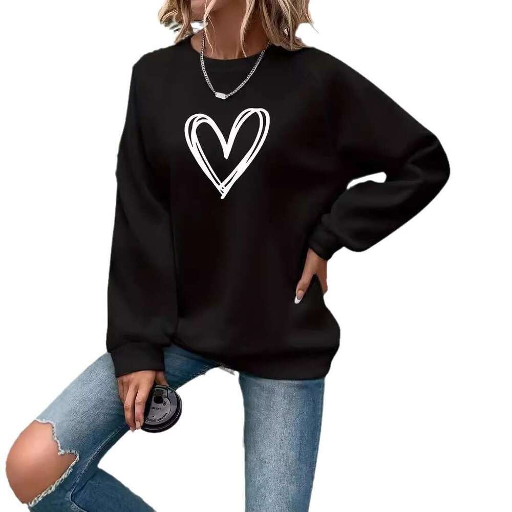 2025 autumn winter popular European American heart-shaped printed round neck long sleeved hoodie top, women's new style, chic and elegant clothin