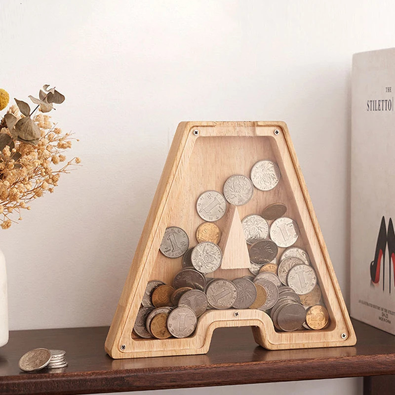 26 Alphabet Moneybox Coin Money Piggy Bank Wooden Letter Saving Box Desktop Ornament Home Decor Crafts For Kids 250114