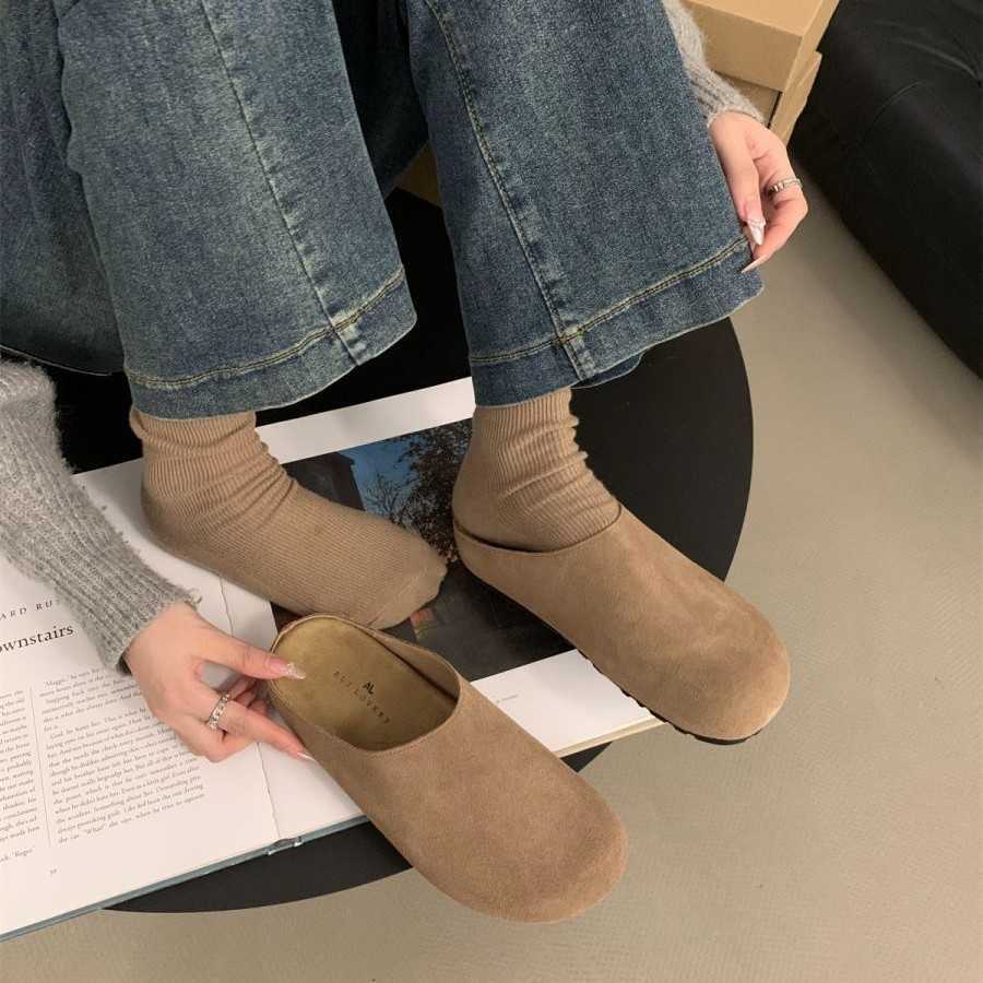 sandals slides slippers clogs Boken spring and autumn new item frosted thick sole versatile half drag one foot on cork lazy womens shoes