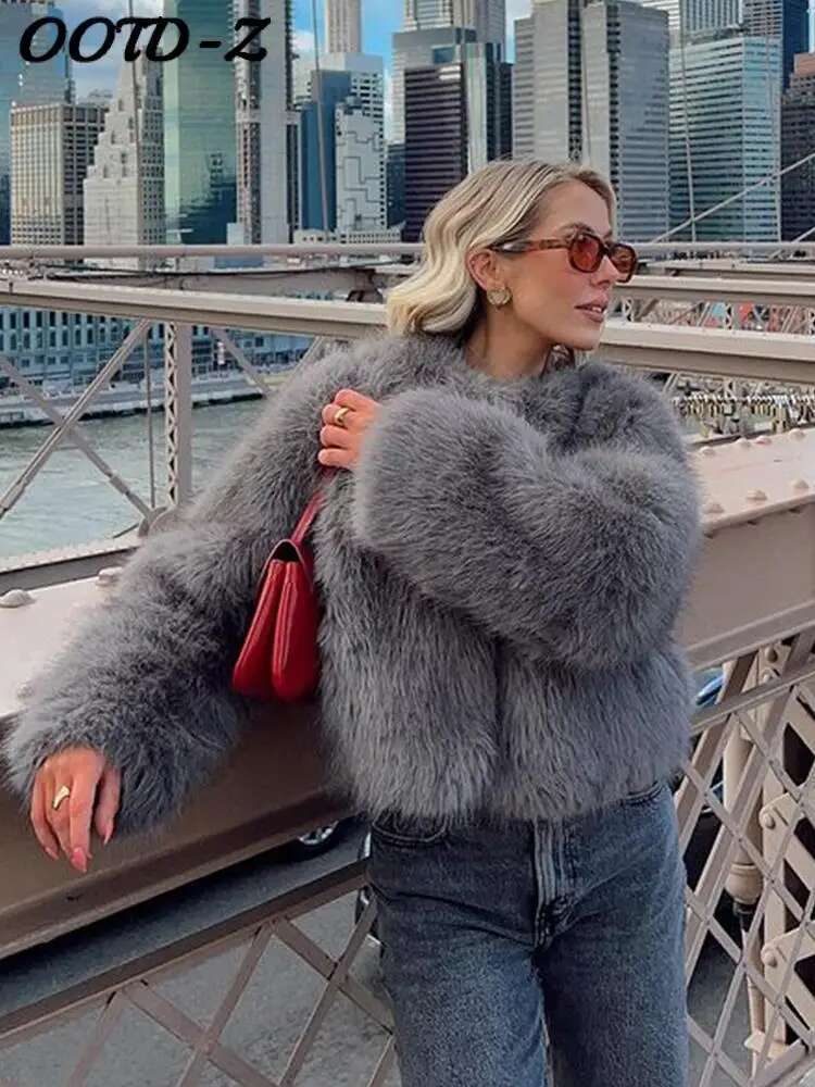Fluffy Fur For Women Winter Elegant Long Sleeve Faux Furry Jacket Female Round Neck Chic Lady Street Warm Short Coat