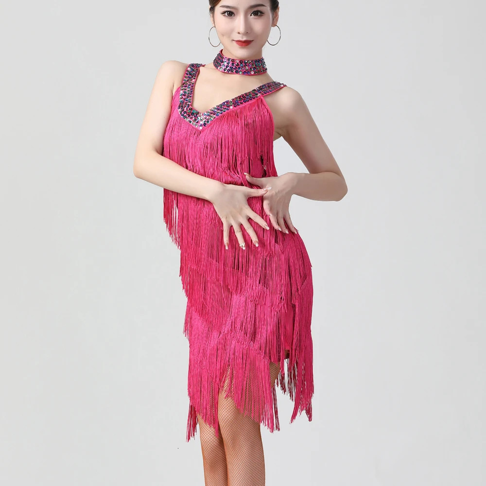 Sexy Women Double V Neck Sleeveless Fringe Dress Sequined Beaded Bodycon Mini Dress Salsa Rumba Samba Jazz Latin Dance Dress 250113