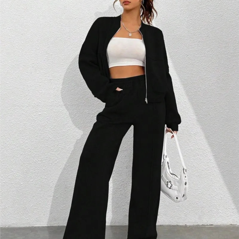 Grey Bomber Jacket Pant Women 2 Pieces Set Casual Long Sleeve Zipper Coat Casual Solid Sweatshirt Trousers Suit Fall Sportwear 250113