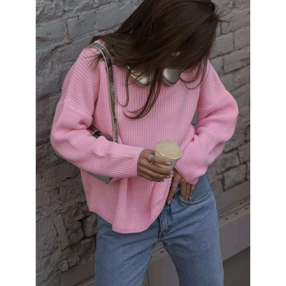 Solid color round neck 2025 European American Spring and Autumn loose knit pullover sweater feminine versatile new trend clothing ins