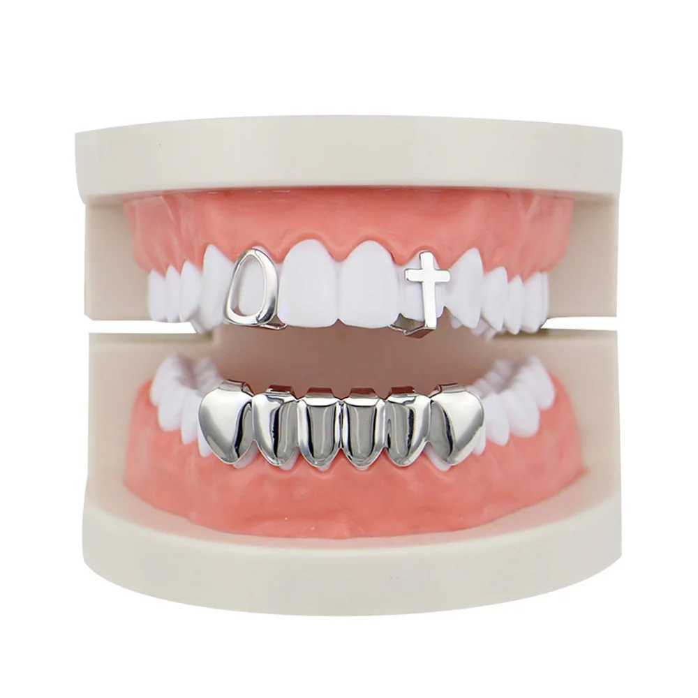 Hollow Cross Comb Teeth Grillz Top Bootom Dental Mouth Caps Cosplay Party Rapper Hip Hop Jewelry TG068XJ250114
