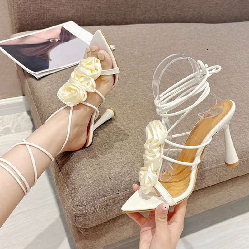 Liyke Size 35-41 Sexy Pointed Toe Lace Up High Heels White Sandals For Women Silk Rose Wers Summer Party Dress Shoes Pumps