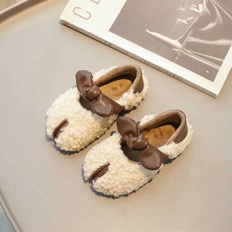 New Girls Cotton Shoes Winter Fluffy Children Plush Flat Shoes Warm Simple Kids Fashion Causal Shoes Sweet Bowtie Soft BottomXJ250118
