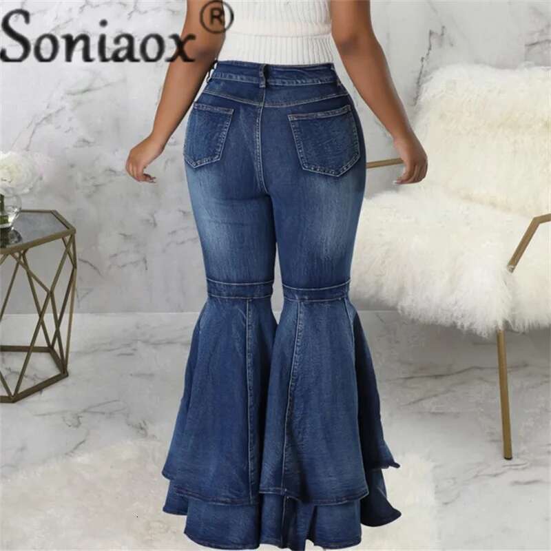 Fashion Splicing Layers Flared Jeans Women High Waist Comfortable Commuter Denim Pants Female Casual Stretch Wide Leg Trousers