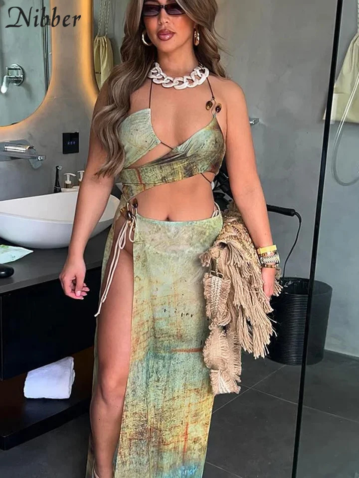 Nibber Aesthetic Printed Two Piece Set Womens Strap Irregular CamisHigh Side Split Maxi Skirts Womens Vacation Set 250110